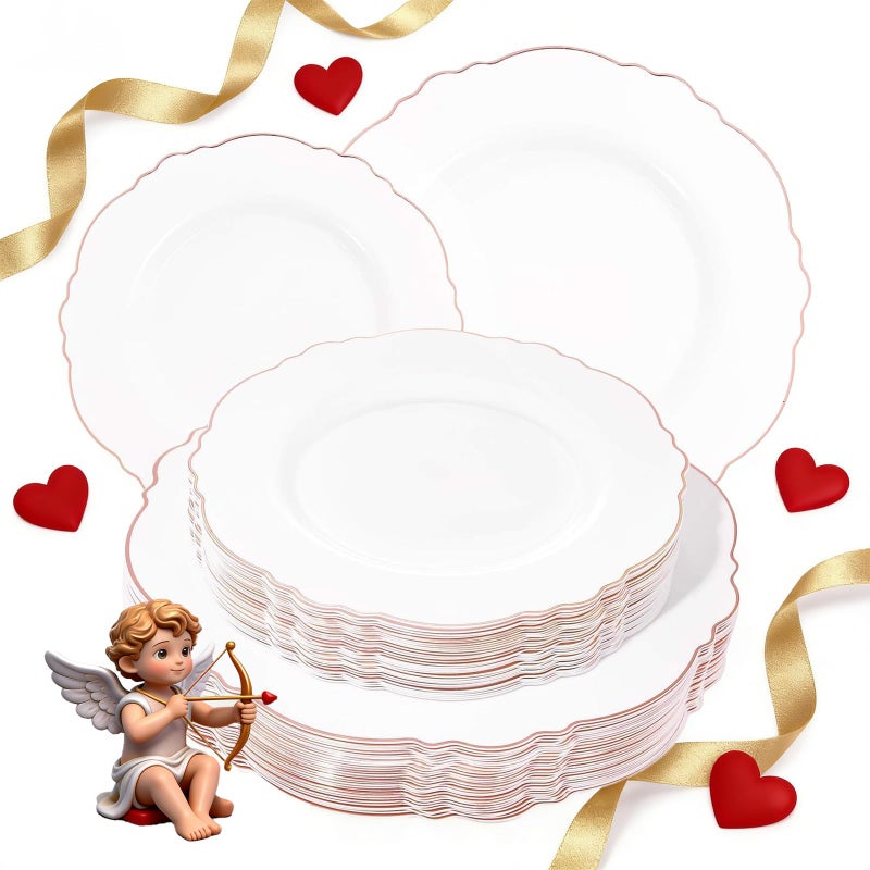 WDF 60pcs Rose Gold Plastic Plates-Baroque White &Rose Gold Disposable Plates including 30Plastic Dinner Plates 10.25inch, 30 Salad Plates 7.5inch for Wedding, Parties, Valentines Day - Image 1